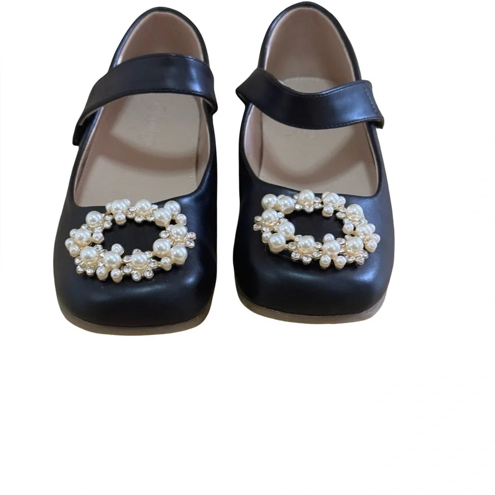Coutgo Black Ballet Flats Kids Size 4Y Pearl Strap Dress Shoes Chic New